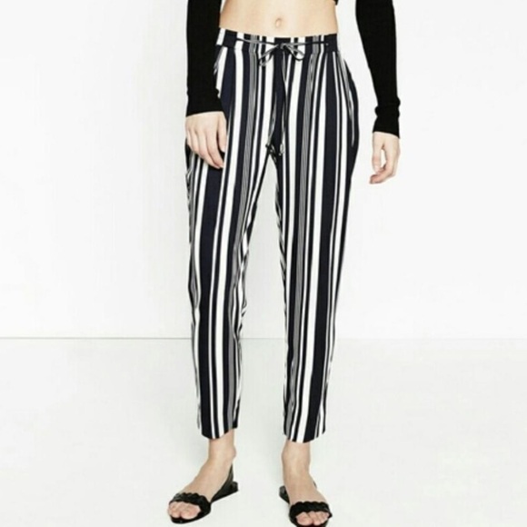 ZARA Basic Black White Stripe Drawstring Trouser Pant XS - Picture 1 of 10